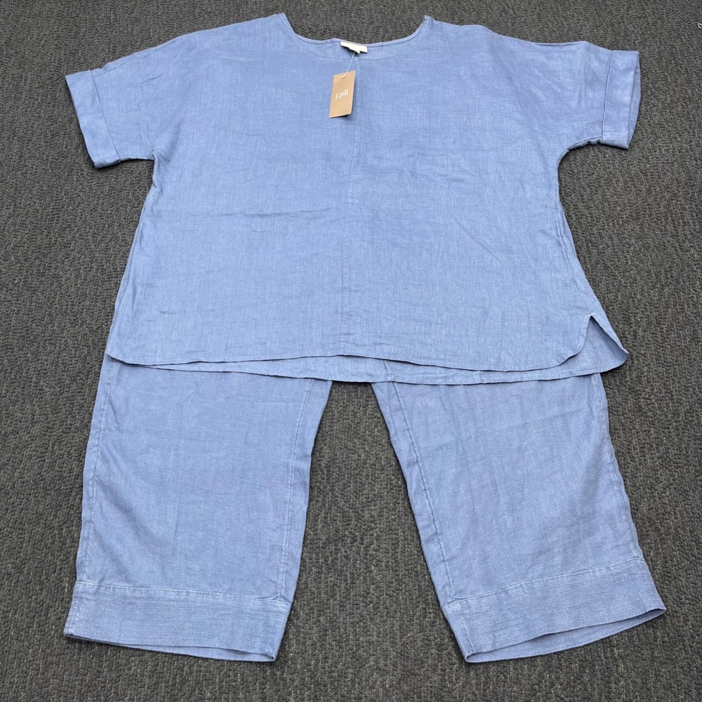 J. Jill Pure Jill Linen 2 Piece Set Top & Pants Wide Leg Indigo Blue M/L NWT